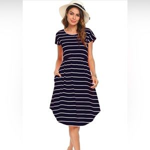 Women's Navy Short Sleeve Stripe Elastic Waist Casual Dress with Pockets